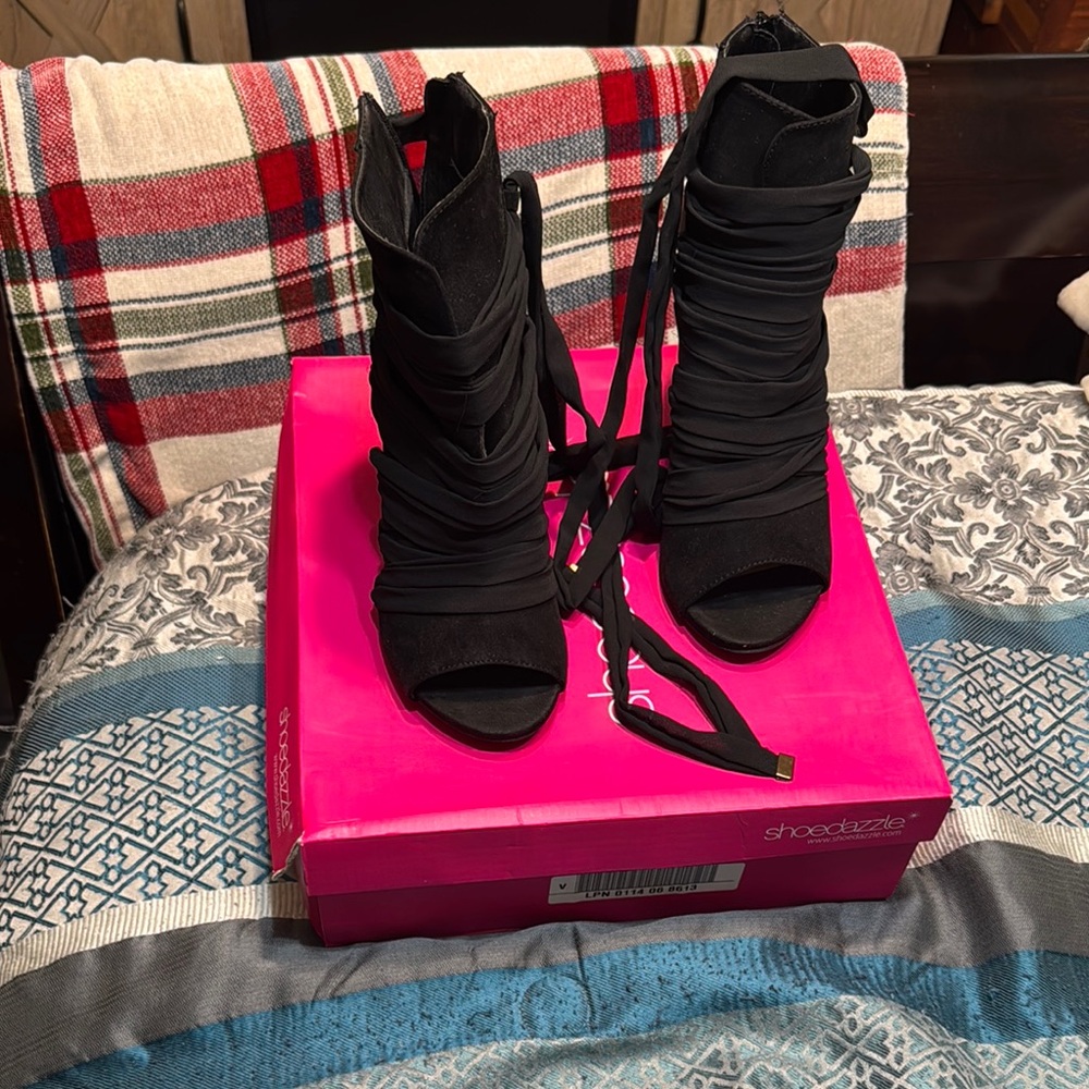Shoe Dazzle Black Heeled Boots with Strappy Design